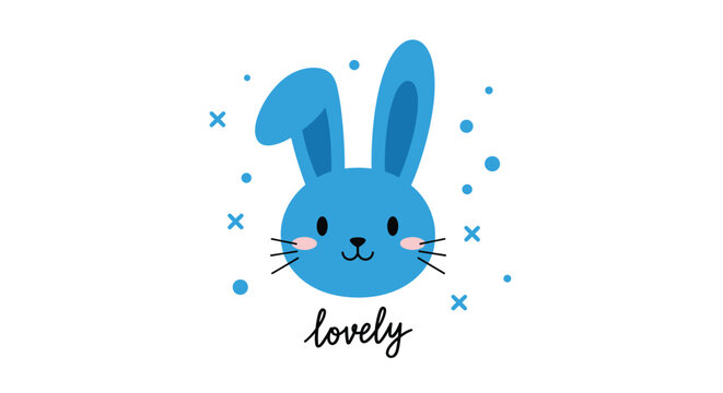 An adorable illustration of a cute blue bunny face with the handwritten word 'lovely' below, perfect for nursery decorations.