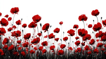 Red Poppy Flowers Field On White Background