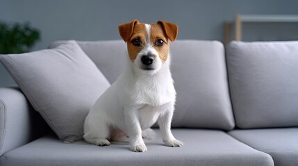 Playful Jack Russell Terrier Sitting on a Gray Couch in a Modern Living Room, Perfect for Pet Lovers and Interior Design Inspiration