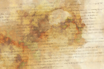 Old stained alchemy manuscript abstract background with fictitious text.