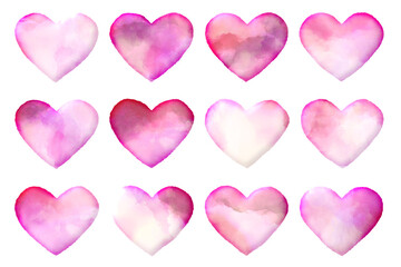Set of pink watercolor hearts. Romance themed design elements with transparent background. Suitable for Valentine's Day.