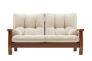 Cream cushion sofa, dark wood frame. Simple design