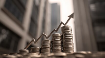 A close-up shot of stacks of coins with an upward trending arrow set against a blurred urban backdrop, symbolizing financial growth