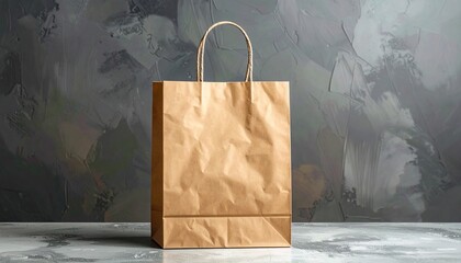 A centered brown paper shopping bag with handles, against a mottled gray and white background