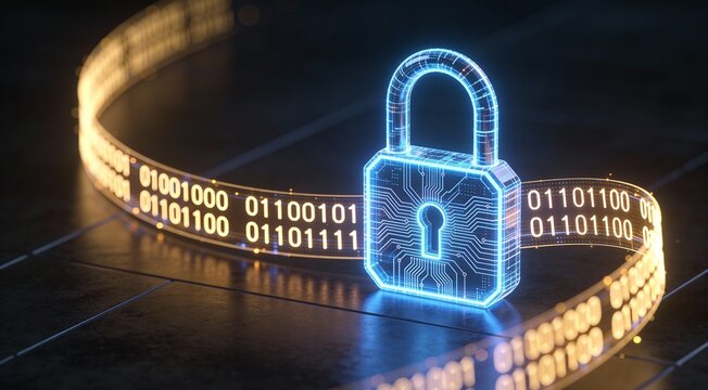 Futuristic Cybersecurity Concept with Glowing Digital Padlock and Binary Code Representing Data Protection, Network Security, Encryption and AI-Powered Cyber Defense - Powered by Adobe