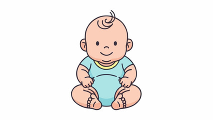 Cute Cartoon Baby Sitting Smiling Wearing Blue Onesie.