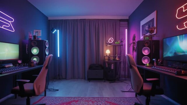 A room with two computer setups, neon lights, a curtained wall, and a framed picture, illuminated with pink and blue hues