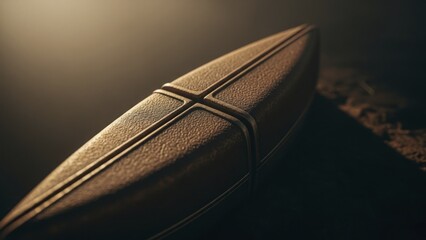 Close up view captures the textured surface of an antique sporting implement under dramatic lighting