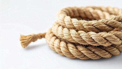 A coil of thick, coarse rope with tightly woven strands, resting on a white surface