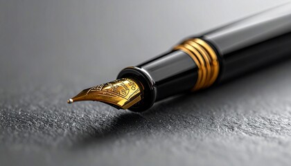A close-up of a black and gold fountain pen on a textured, dark gray surface