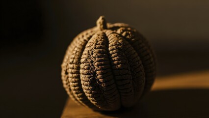 Textured, round, ridged object sits bathed in dramatic, warm sidelight indoors