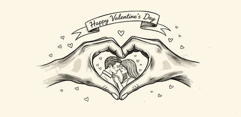 Romantic couple sharing a kiss within a heart shape formed by hands, celebrating Valentine's Day with a festive banner and delicate heart confetti