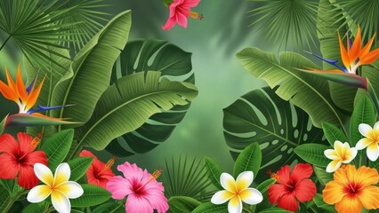 Exotic jungle flora design featuring vibrant tropical flowers and lush foliage