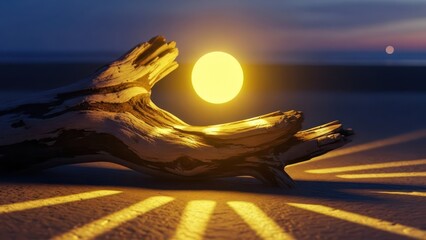 Illuminated sphere resting on driftwood along the peaceful ocean shore creating a tranquil sunset