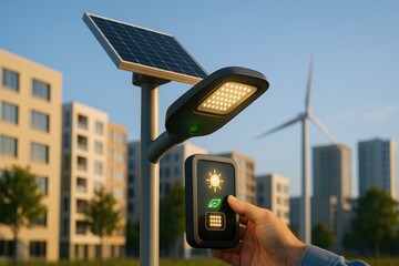 Solar powered street light with LED panel and remote control being operated by hand urban environment with wind turbine and modern buildings background, showcasing sustainable energy technology