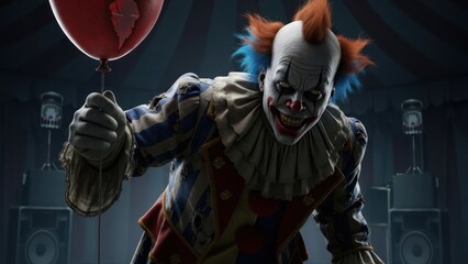 Sinister smile: a terrifying clown with a crimson balloon in a haunting backdrop