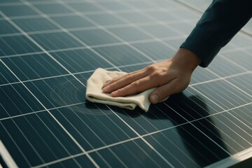 Cleaning solar panel with cloth by hand shows work in renewable energy sector using technology for power project inspection and engineering maintenance to ensure efficiency and durability