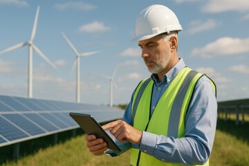 Renewable energy project inspection work in engineering sector shows man using technology to monitor power systems with solar panels and wind turbines in background