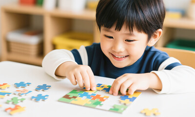 Child assembling puzzle pieces cognitive development concept positive learning  Generative AI