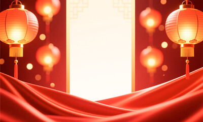 Chinese New Year banner background vertical format lantern bokeh lights red silk  Generative AI