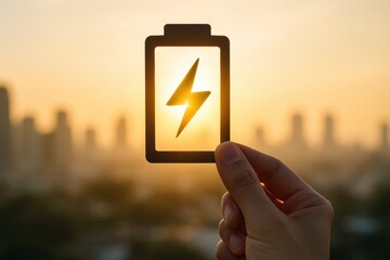 Battery power symbol held by hand with city skyline background at sunset representing renewable energy technology and engineering work in power sector project inspection