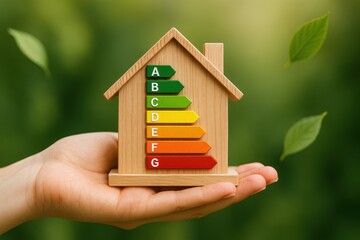 Energy efficiency concept with wooden house model held hand showing colored rating scale from green to red representing renewable energy technology engineering sector work inspection project power