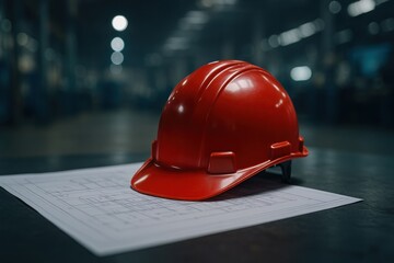 Red safety helmet placed on engineering blueprint in dimly lit industrial workspace symbolizing renewable energy project work and power sector inspection technology