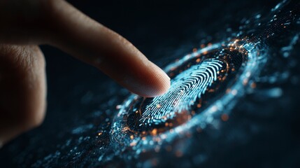 Close-up of a finger pressing a glowing digital fingerprint, representing biometric security and authentication