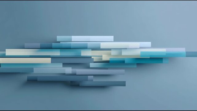 Abstract geometric composition featuring layered rectangle shapes in blue, teal, and white tones on smooth background, creating modern, cinematic, and dynamic visual effect