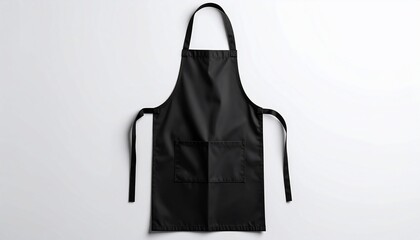 Black, front-facing, clean apron with pockets, ties, and neck loop on a white backdrop