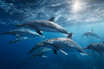 Fototapeta premium Group of dolphins swimming underwater in clear blue ocean, showcasing marine wildlife and freedom in nature