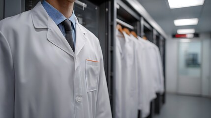 Professional in a white lab coat stands in a modern data center hallway with server racks and hanging uniforms
