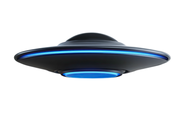 Sleek black UFO with a bright blue glowing underside