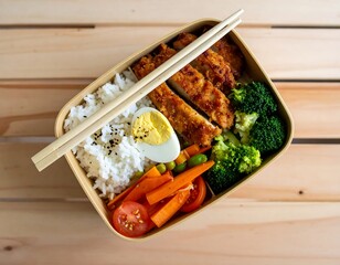 Delicious bento box with chopsticks on wooden table
