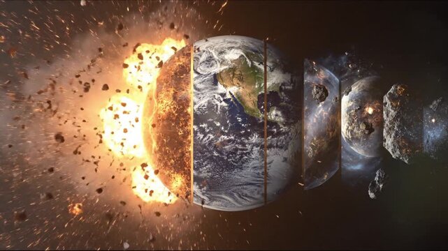 Sequence of planetary segments shattering into bright debris trails across deep space, amid stars!!!