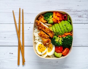 Delicious healthy bento box with chopsticks on rustic wooden table