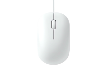 White, wired computer mouse centered on a black background