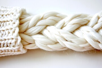 Thick knitted braid, creamy off-white yarn close-up