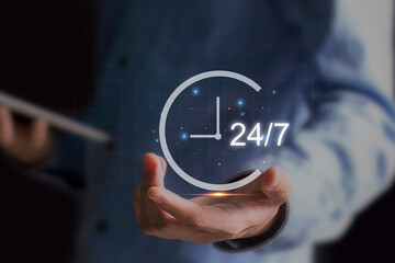 Continuous customer service concept Continuous service without stopping throughout the day or week, 24 hours a day, 7 days a week.