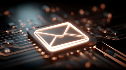 Close-up view of a glowing digital envelope icon embedded on a computer chip, representing online communication