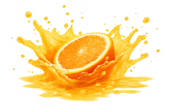 Fresh orange fruit splashing into vibrant citrus juice, creating a refreshing liquid crown, healthy and vitamin c rich concept on transparent background - Powered by Adobe