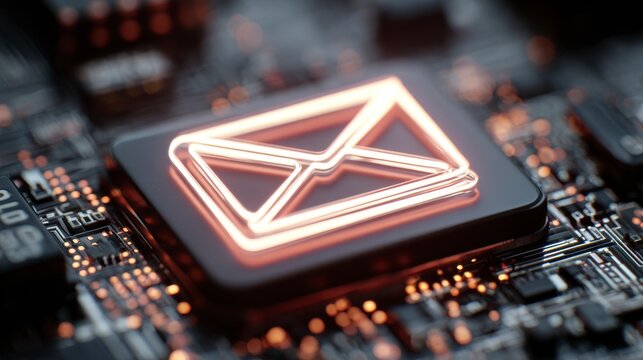 Close-up view of a glowing envelope icon embedded on a circuit board, symbolizing electronic communication - Powered by Adobe