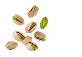 Vibrant, partially open pistachios with green kernels, some floating/bouncing, in a dynamic scattered formation on transparent with soft diffused light, concept of healthy indulgence