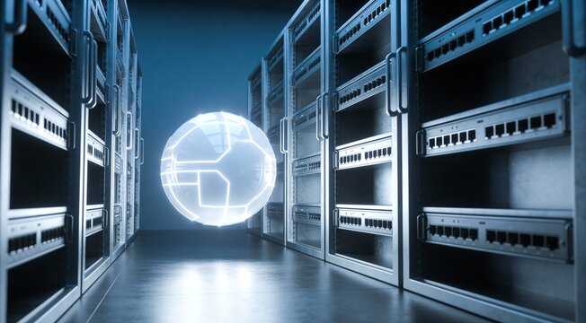 Futuristic AI Energy Sphere Floating Between Data Center Servers, Cloud Computing Network, Artificial Intelligence Infrastructure, Digital Brain, High Speed Data Processing Technology - Powered by Adobe