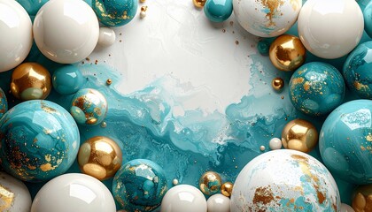 Spheres in varying colors and textures float above a marble-like background