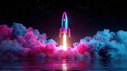 A colorful rocket launches amidst vibrant neon clouds and reflections on water under a starlit night sky, creating a surreal scene