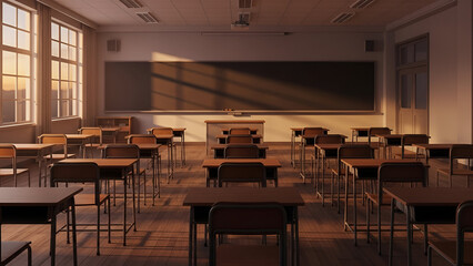 Empty classroom with desks and warm sunlight in the afternoon