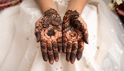 Hands with intricate henna designs, palms facing up, against a white dress