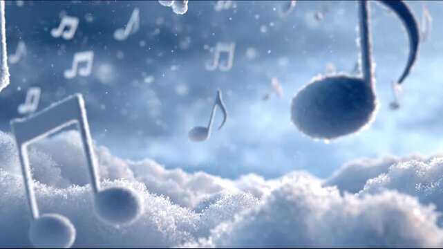 Dreamlike sky above fluffy clouds, suspended musical notes drift over a winter haze serene! and airy