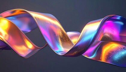 A vibrant, iridescent ribbon twists and flows against a dark gray background